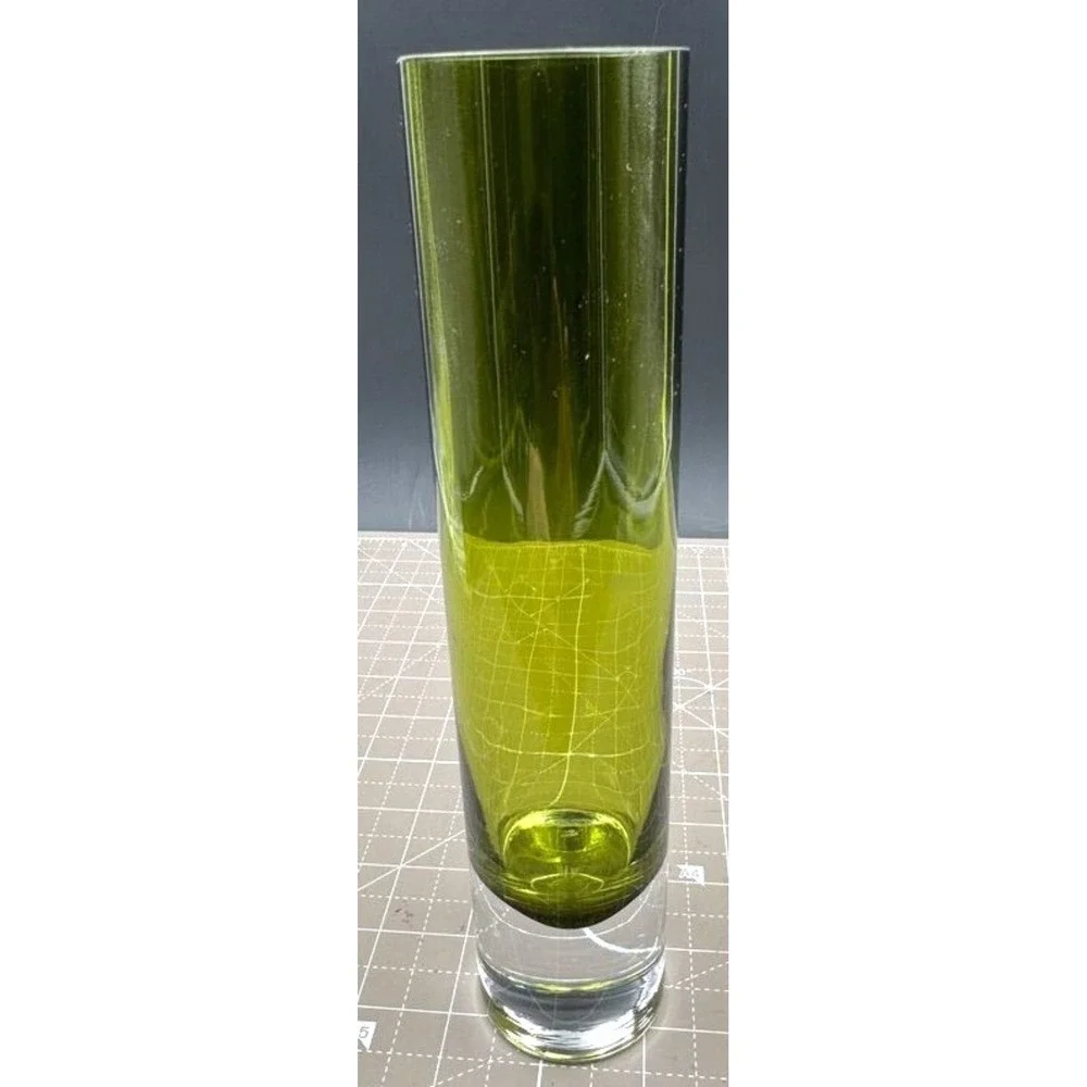 Vintage Glass Bud Vase Olive Green Heavy Base 8.75 Inch